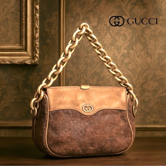Gucci Handbags - Authentic Gucci Vintage, Chocolate rugged textured, Caramel Leather Gold Chain